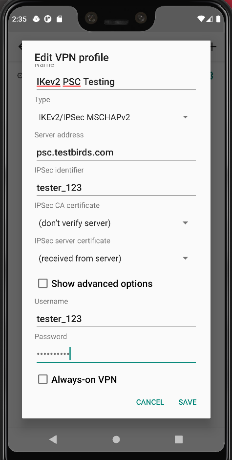 Android VPN configuration